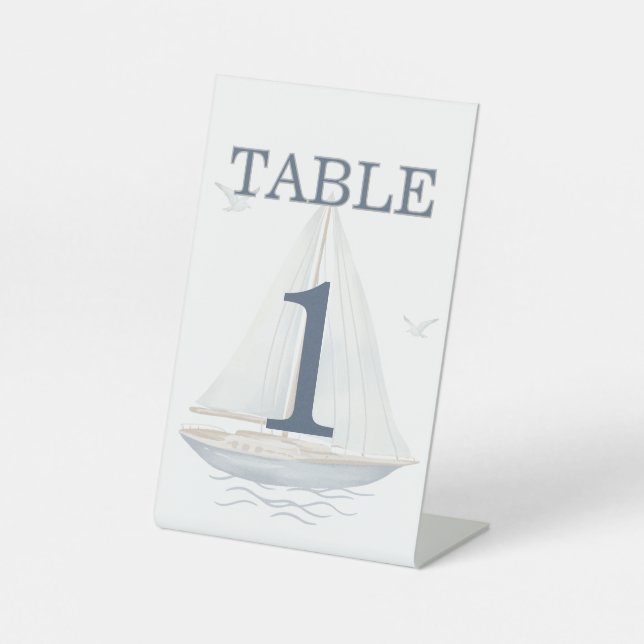 Watercolor Coastal Seascape Table Number Wedding   Pedestal Sign (Front)