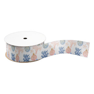 Watercolor Coastal Seaside Christmas Shells Grosgrain Ribbon
