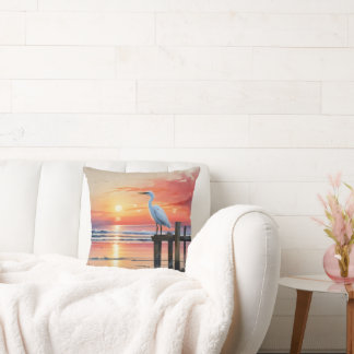 Watercolor Coastal Sunrise With Egret Cushion