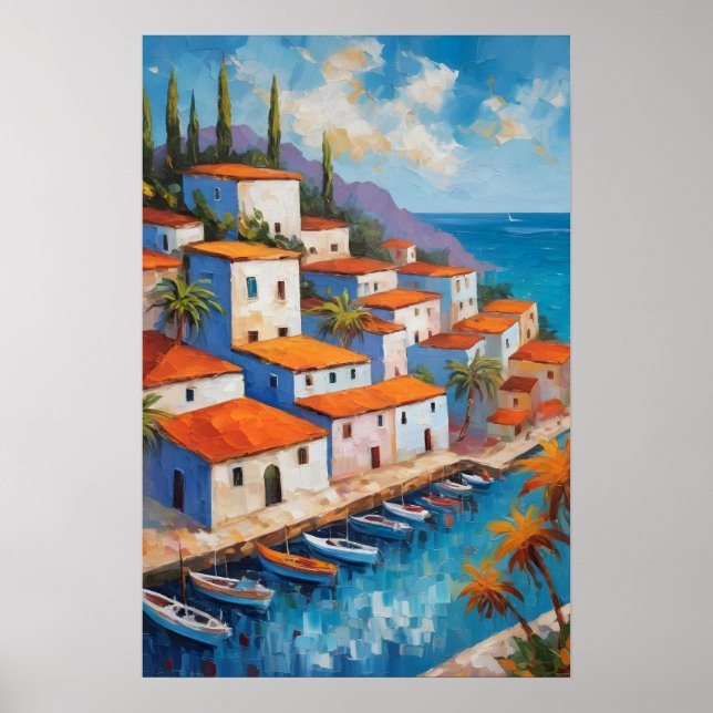 Watercolor Coastal Village  sailboat   Poster (Front)