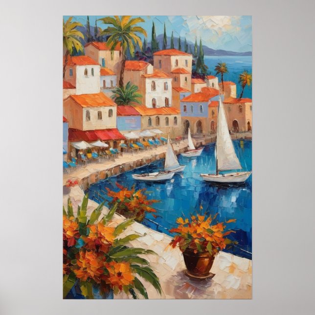 Watercolor Coastal Village With Flowers sailboat   Poster (Front)