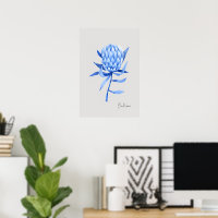 Watercolor Cobalt Blue Tropical Protea Flower