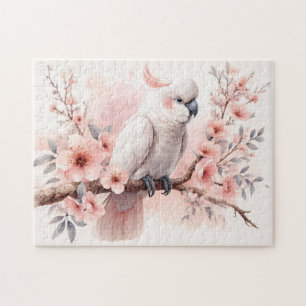Watercolor Cockatoo and Pink Flowers Jigsaw Puzzle