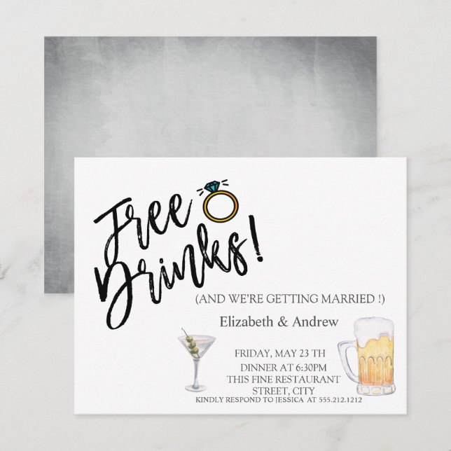 Watercolor Cocktail,Beer,Free Drinks Wedding Invitation (Front/Back)