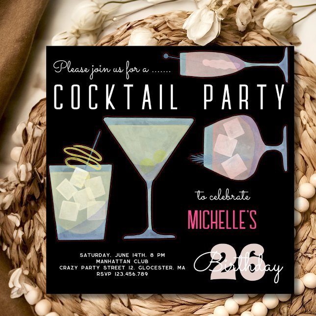 Watercolor Cocktail birthday party black Invitation (Creator Uploaded)