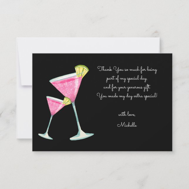 Watercolor Cocktail birthday party black Thank You Card (Front)