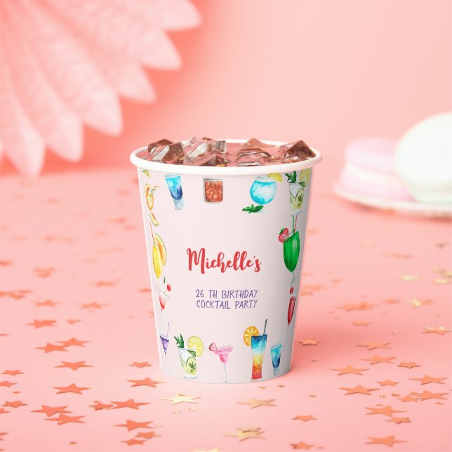 Watercolor Cocktail birthday party for adults Paper Cups (Insitu)