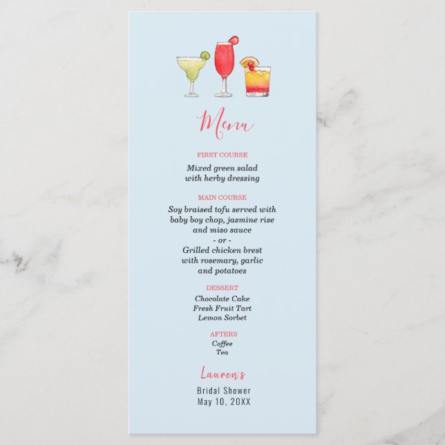 Watercolor Cocktail Bridal shower menu  (Front)