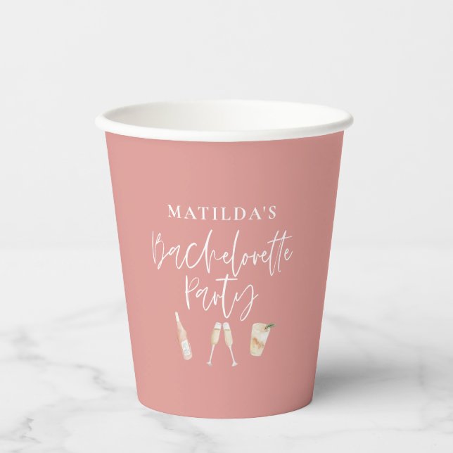 Watercolor cocktail champagne bachelorette party p paper cups (Front)