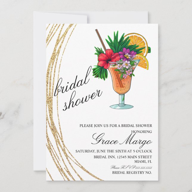 Watercolor Cocktail Glitter Bridal Shower  Invitation (Front)