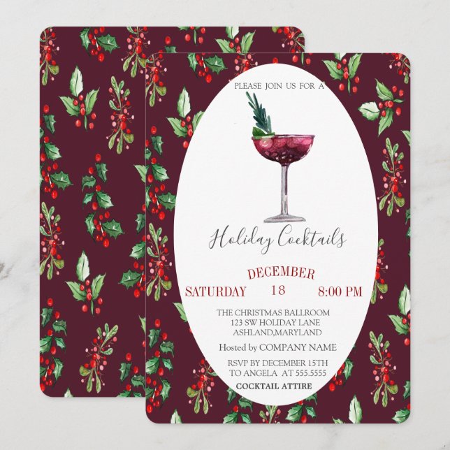  Watercolor Cocktail Holly Berry Christmas  Invitation (Front/Back)