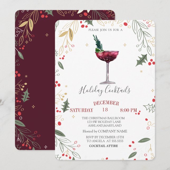  Watercolor Cocktail Holly Company Christmas  Invitation (Front/Back)