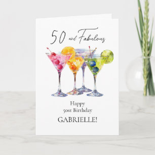 Watercolor Cocktail Martini Happy 50th Birthday Holiday Card