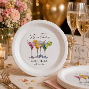 Watercolor Cocktail Martini Happy 50tht Birthday Paper Plate