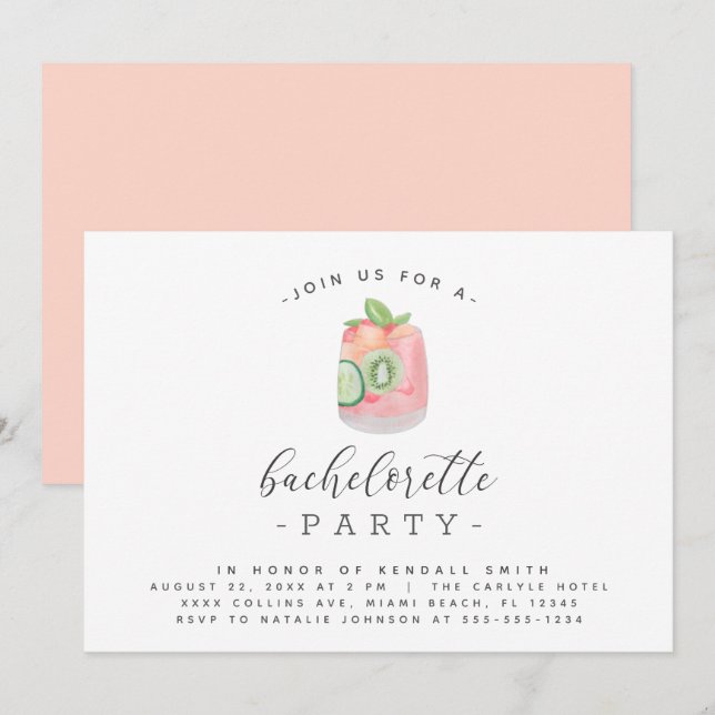 Watercolor Cocktail Minimalist Bachelorette Party Invitation (Front/Back)