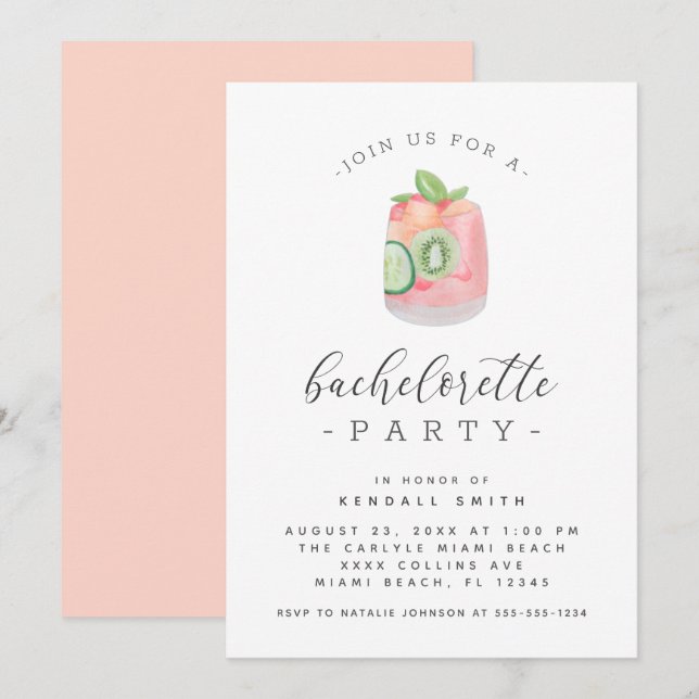 Watercolor Cocktail Minimalist Bachelorette Party Invitation (Front/Back)