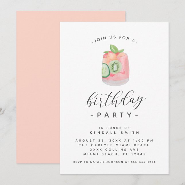 Watercolor Cocktail Minimalist Birthday Party Invitation (Front/Back)