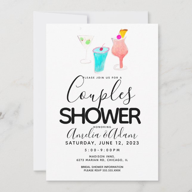 Watercolor Cocktail Painted  Couples Shower Event  Invitation (Front)