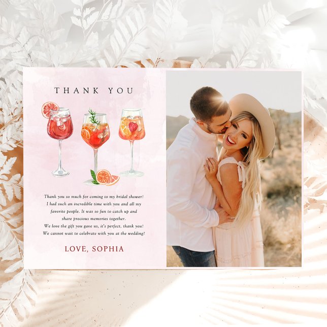 Watercolor Cocktail Party Bridal Shower Photo Thank You Card (Creator Uploaded)