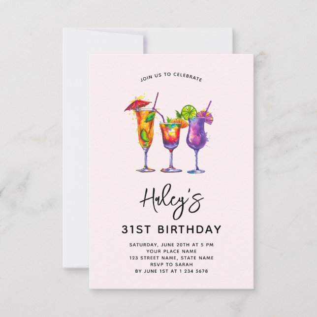 Watercolor Cocktails 31st Birthday Party Invitation (Front)