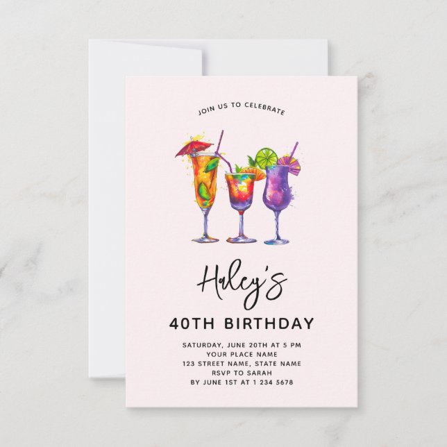 Watercolor Cocktails 40th Birthday Party Invitation (Front)