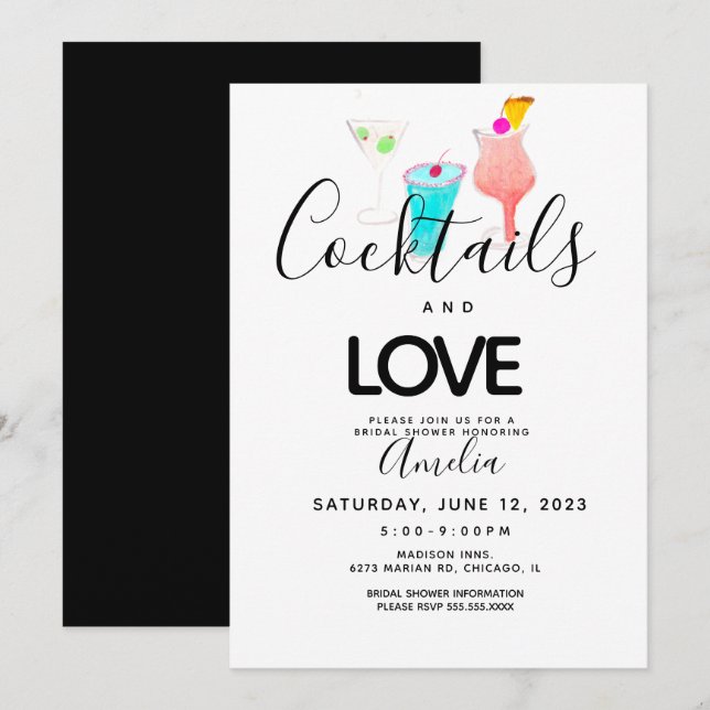 Watercolor Cocktails Art Bridal Shower Invitation (Front/Back)