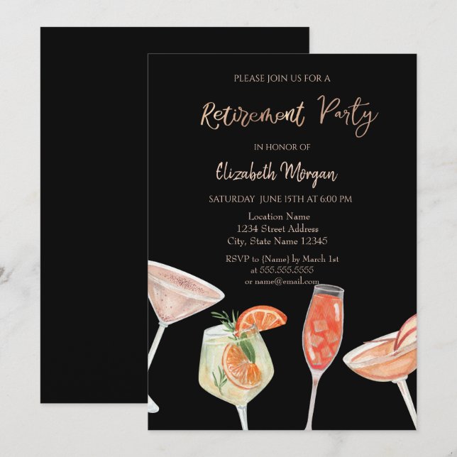 Watercolor Cocktails Black Retirement  Invitation (Front/Back)