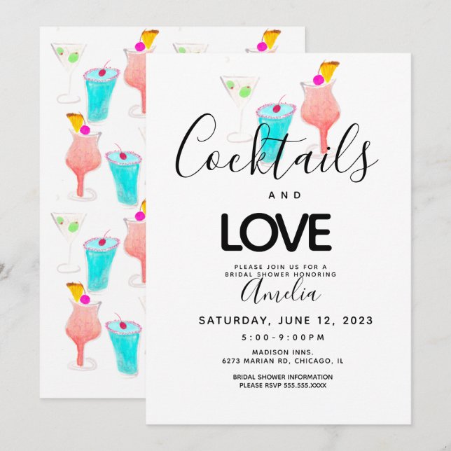 Watercolor Cocktails  Bridal Shower Bachelorette  Invitation (Front/Back)