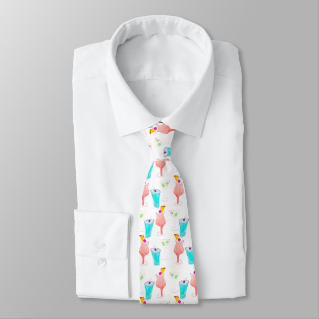Watercolor Cocktails Drink Pattern Bartender Gifts Tie (Tied)
