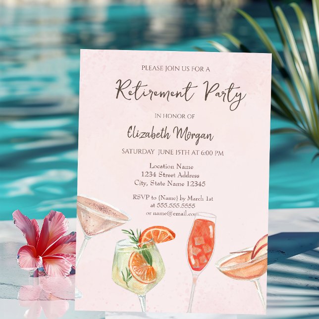 Watercolor Cocktails Pink Retirement  Invitation (Creator Uploaded)