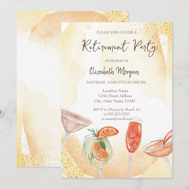 Watercolor Cocktails Yellow Retirement  Invitation (Front/Back)