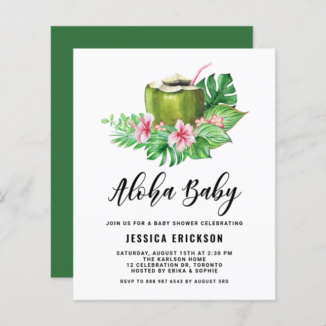 Watercolor Coconut Aloha Baby Shower Invitation (Front/Back)
