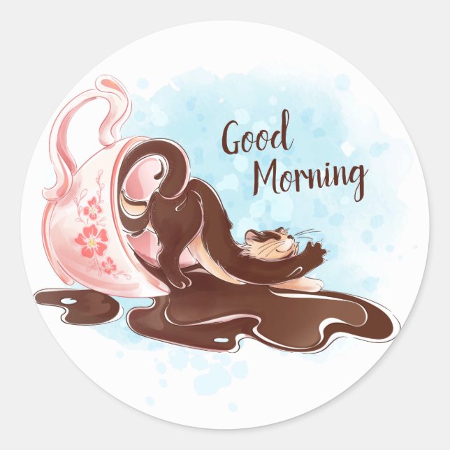 Watercolor Coffee Cat Classic Round Sticker (Front)