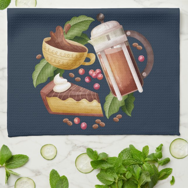 Watercolor Coffee Dessert Cake Kitchen Tea Towel (Folded)