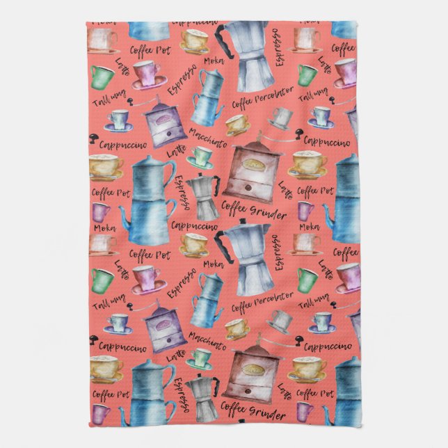 Watercolor coffee espresso cups, mugs pots pattern tea towel (Vertical)