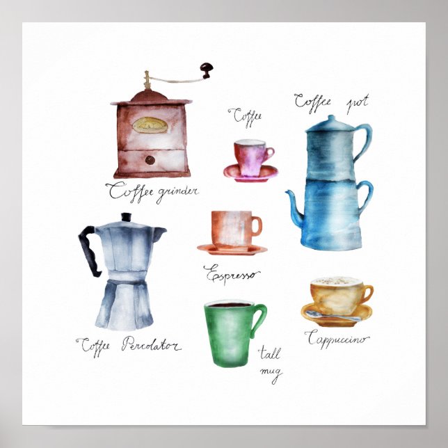Watercolor Coffee Pot, Grinder, Cup, Mug, Moka Pot Poster (Front)