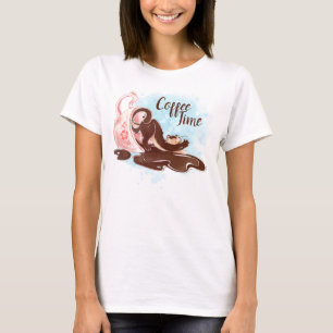 Watercolor Coffee Time Cat T-Shirt