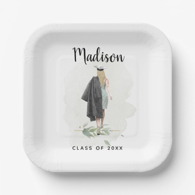 Watercolor College Graduation Your Name Grad Party Paper Plate (Front)