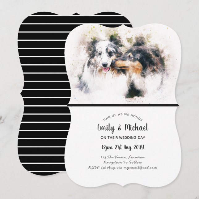 Watercolor Collie Dogs Wedding Invitations Elegant (Front/Back)