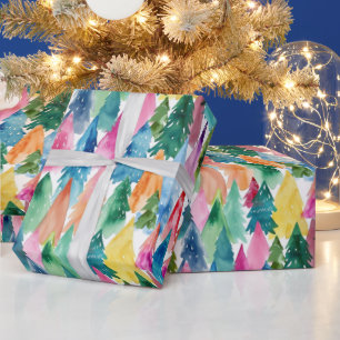 Watercolor Colorful Bright Rainbow Christmas Trees Wrapping Paper