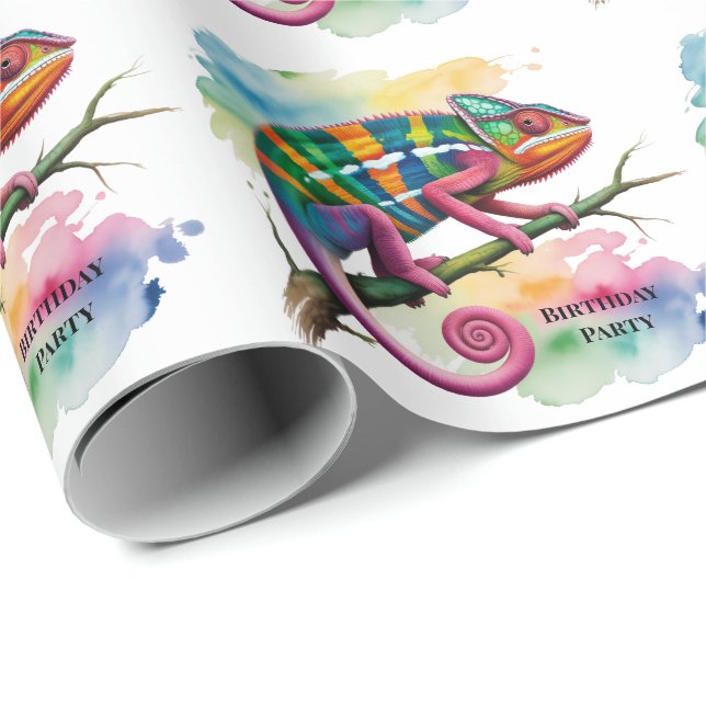 Watercolor Colorful Chameleon Birthday Party Wrapping Paper (Roll Corner)