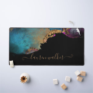 watercolor colorful textured gold monogram desk mat