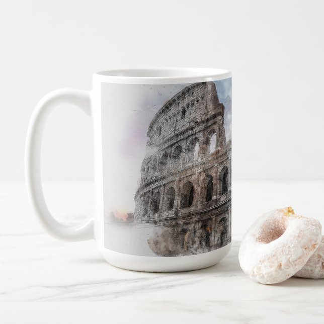 Watercolor Colosseum Rome Italy Coffee Mug (With Donut)