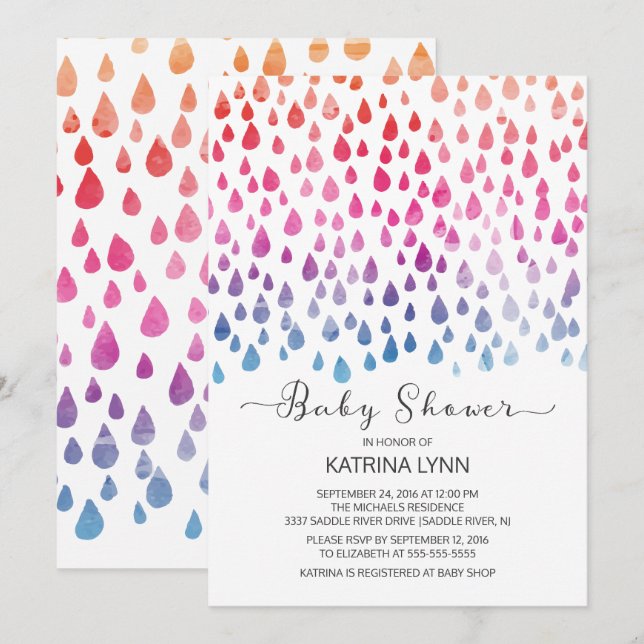 Watercolor Colour Raindrop Neutral Baby Shower Invitation (Front/Back)