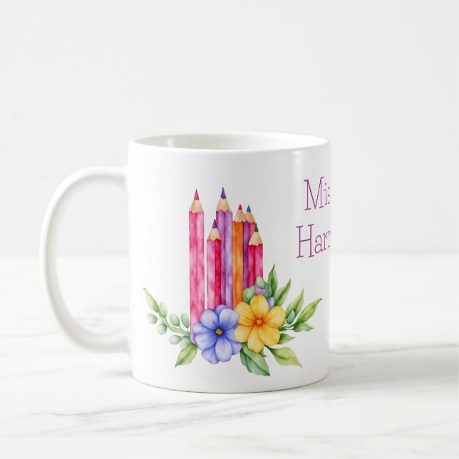 Watercolor Coloured Pencils, Floral, Teacher Gift Coffee Mug (Left)