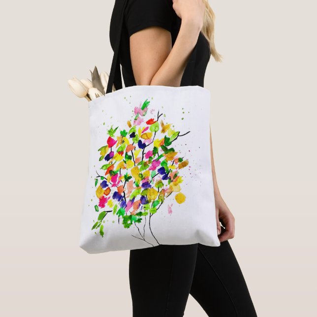 Watercolor colourful abstract tree tote bag (Close Up)