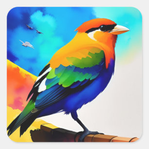 Watercolor colourful bird square sticker