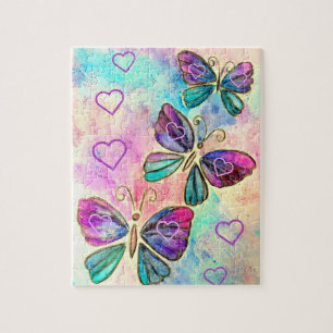 Watercolor - Colourful Butterflies Flying - Hearts Jigsaw Puzzle