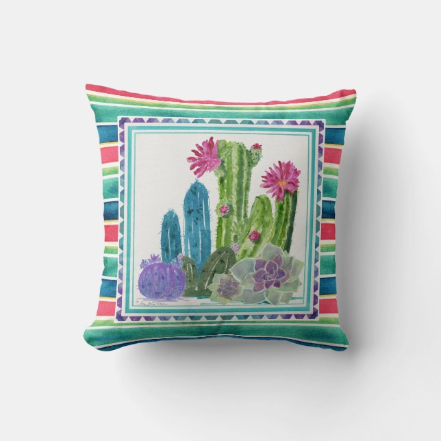 Watercolor Colourful Cactus Floral Striped Desert Cushion (Front)