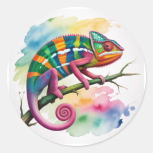 Watercolor Colourful Chameleon Birthday Party Classic Round Sticker